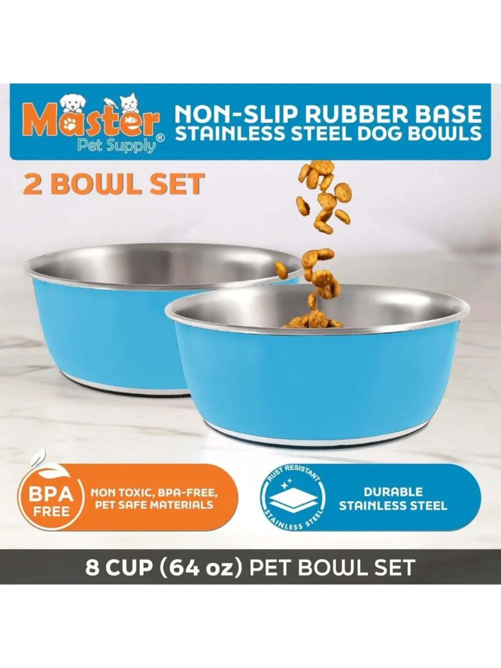 Stainless Steel Dog Bowls Set of 2 - 64 Oz - Durable, Non-Slip, True Blue Color